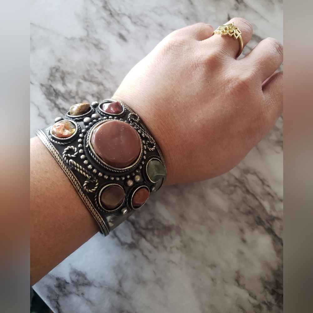 Artisan Silver and Multicolor Stone Chunky Bracelet